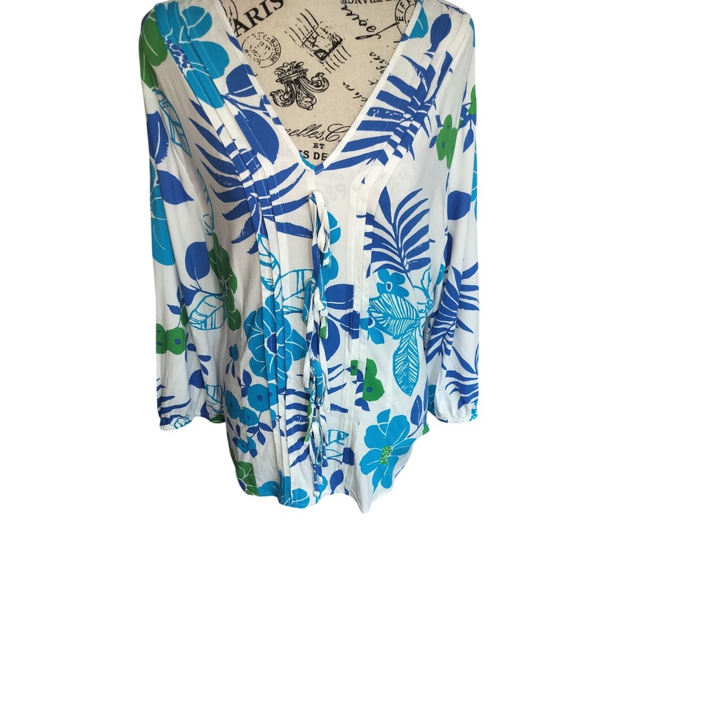 Kate Park Womens XL Floral Tropical V-Neck‎ Tie Rayon Tunic Blue Green White NEW
